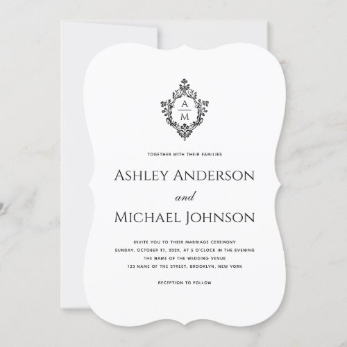 Wedding Monogram Black White Vintage Crest Simple Invitation