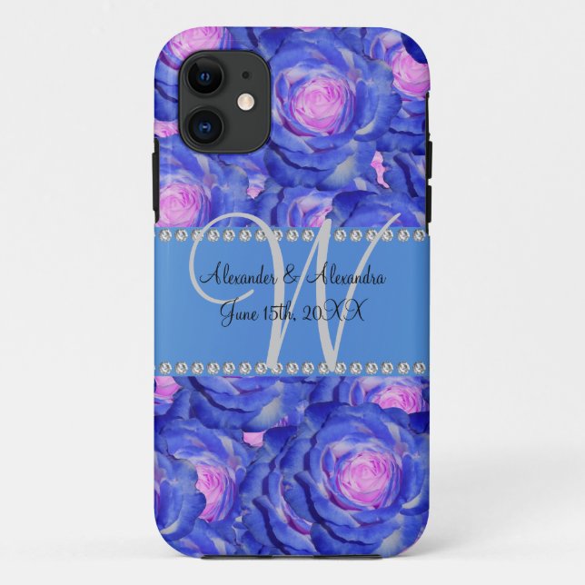 Wedding monogram blue roses Case-Mate iPhone case (Back)