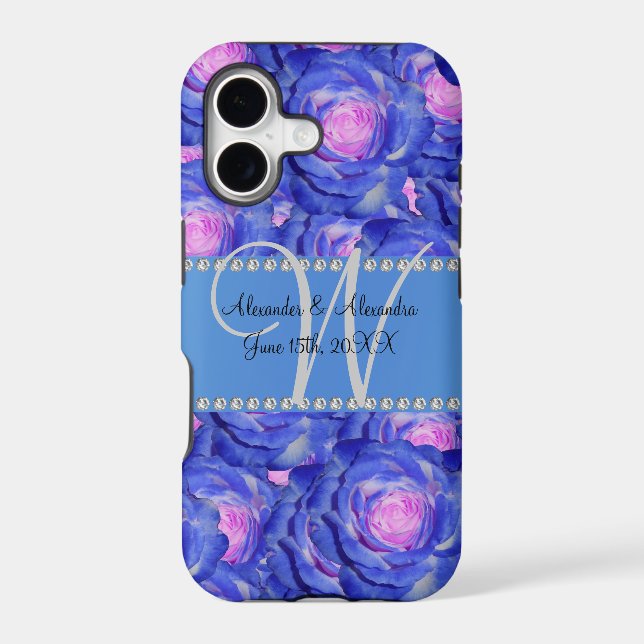 Wedding monogram blue roses iphone case (Back)
