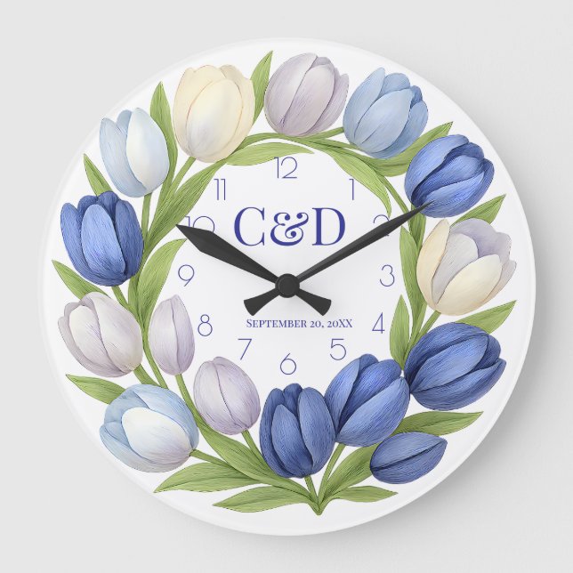 Wedding Monogram  Blue Tulip Wreath Watercolor Large Clock (Front)