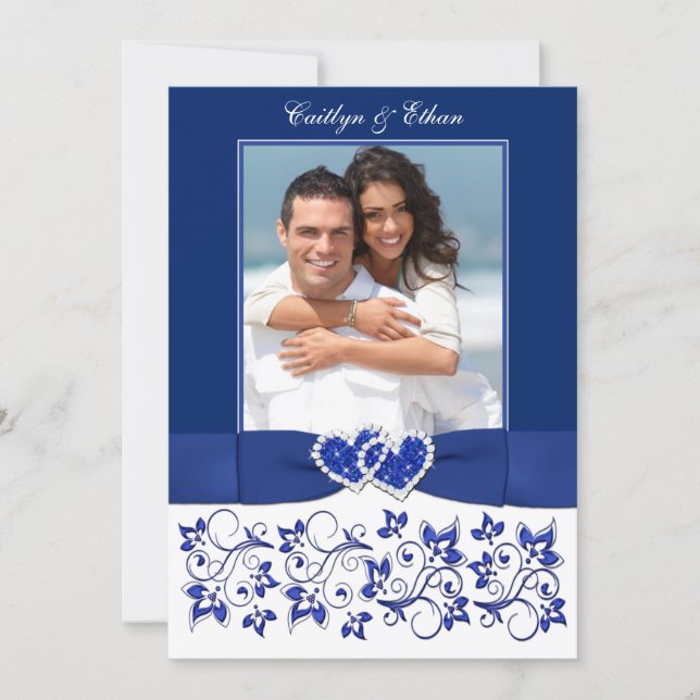 Wedding | Monogram | Blue, White | Floral | PHOTO Invitation (Front)