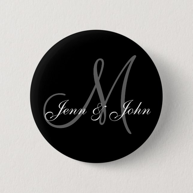 Wedding Monogram Bride Groom Names Black Button (Front)