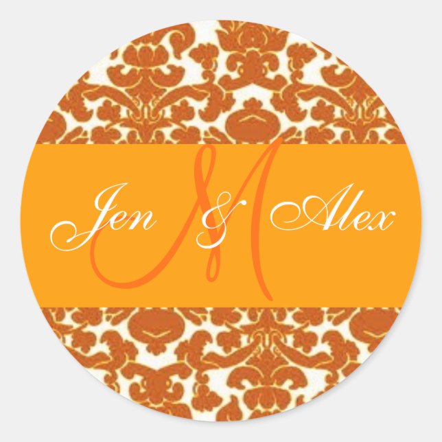 Wedding Monogram Bride Groom Orange Damask Sticker (Front)