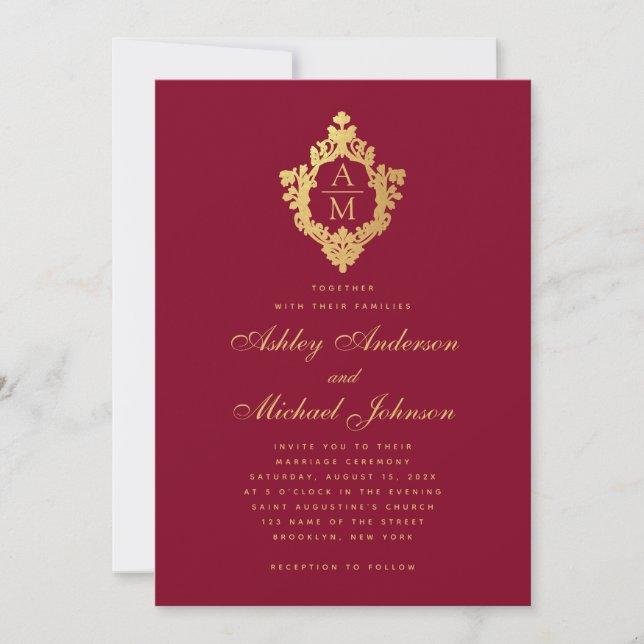 Wedding Monogram Burgundy Faux Gold Vintage Crest  Invitation (Front)