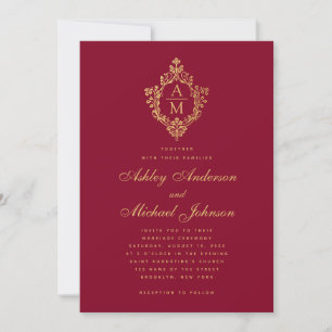 Wedding Monogram Burgundy Faux Gold Vintage Crest  Invitation