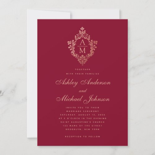 Wedding Monogram Burgundy Rose Gold Vintage Crest  Invitation