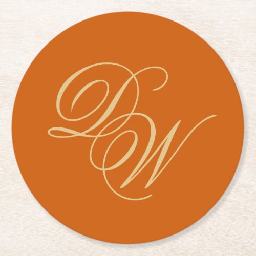 Wedding Monogram Burnt Orange 2 Initials Script Round Paper Coaster