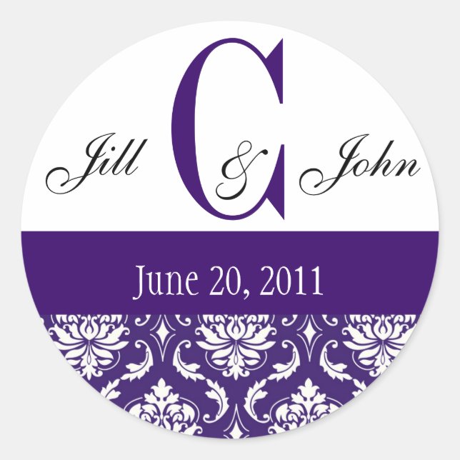 Wedding Monogram C Names Date Paisley Purple Seal (Front)
