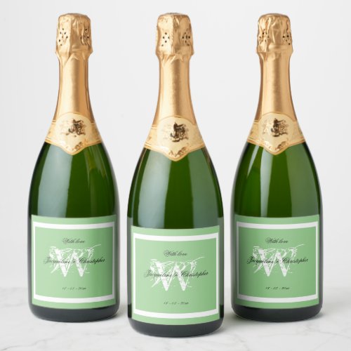 Wedding Monogram Chic Script Elegant Soft Green  Sparkling Wine Label