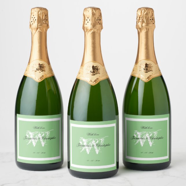 Wedding Monogram Chic Script Elegant Soft Green  Sparkling Wine Label (Bottles)