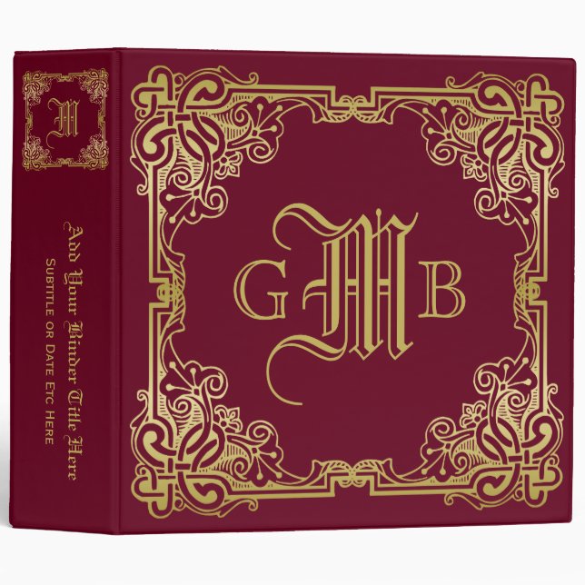 Wedding Monogram Classic Gold Frame Burgundy 3 Ring Binder (Front/Spine)