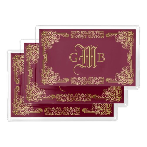 Wedding Monogram Classic Gold Frame Burgundy Acrylic Tray