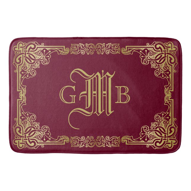 Wedding Monogram Classic Gold Frame Burgundy Bath Mat (Front)