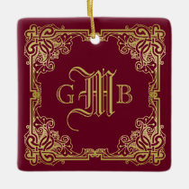 Wedding Monogram Classic Gold Frame Burgundy Ceramic Ornament
