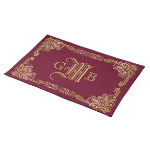 Wedding Monogram Classic Gold Frame Burgundy Cloth Placemat