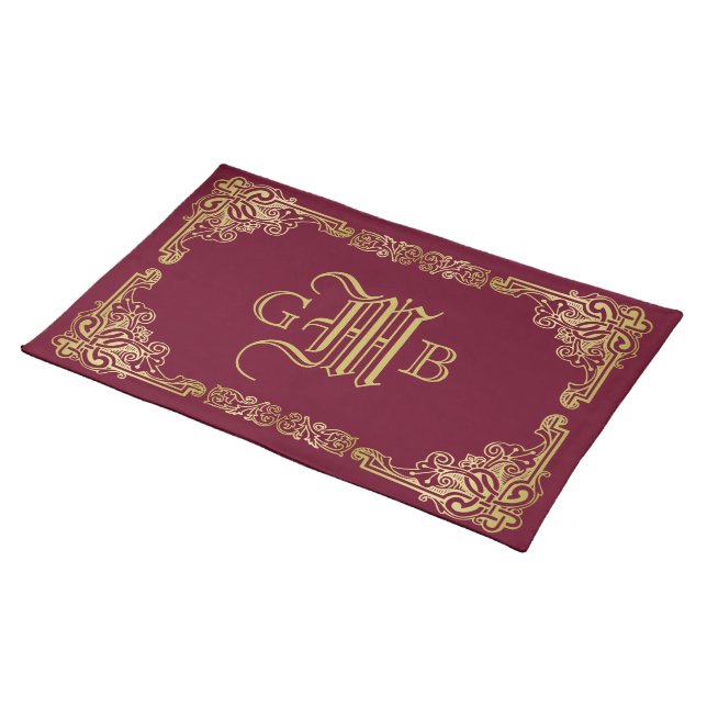 Wedding Monogram Classic Gold Frame Burgundy Cloth Placemat (On Table)