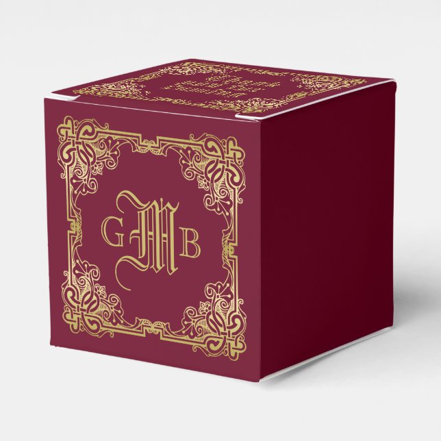 Wedding Monogram Classic Gold Frame Burgundy Favor Boxes (Front Side)