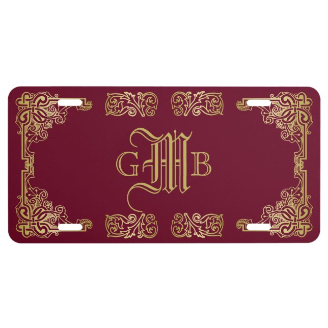 Wedding Monogram Classic Gold Frame Burgundy License Plate (Front)