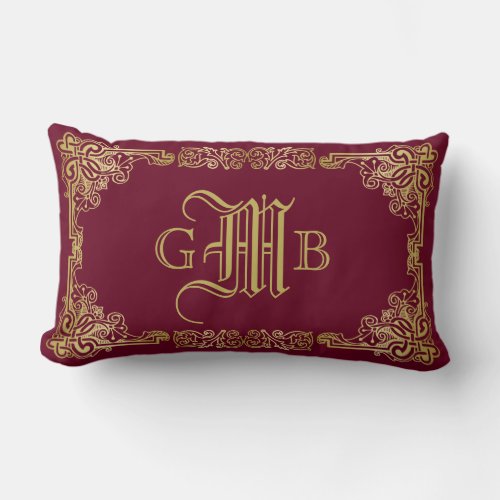 Wedding Monogram Classic Gold Frame Burgundy Lumbar Pillow