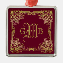 Wedding Monogram Classic Gold Frame Burgundy Metal Ornament