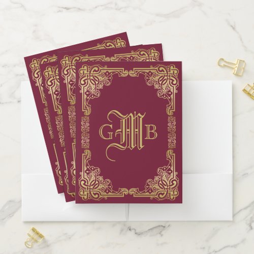 Wedding Monogram Classic Gold Frame Burgundy Pocket Folder