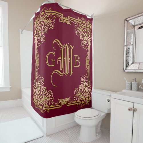 Wedding Monogram Classic Gold Frame Burgundy Shower Curtain