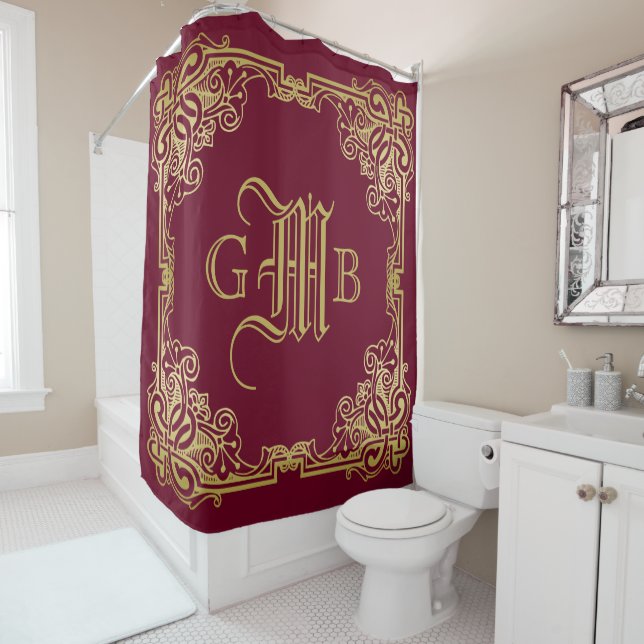 Wedding Monogram Classic Gold Frame Burgundy Shower Curtain (In Situ)