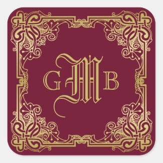 Wedding Monogram Classic Gold Frame Burgundy Square Sticker