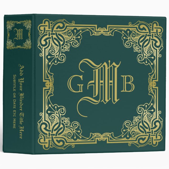 Wedding Monogram Classic Gold Frame Dark Green 3 Ring Binder (Front/Spine)