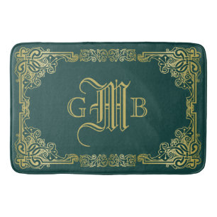 Wedding Monogram Classic Gold Frame Dark Green Bath Mat