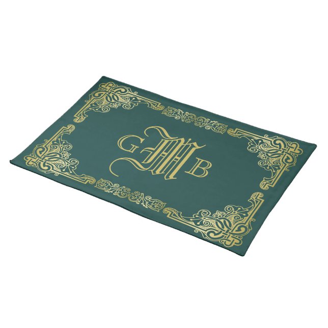 Wedding Monogram Classic Gold Frame Dark Green Cloth Placemat (On Table)