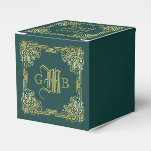 Wedding Monogram Classic Gold Frame Dark Green Favor Boxes