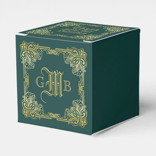 Wedding Monogram Classic Gold Frame Dark Green Favor Boxes (Front Side)