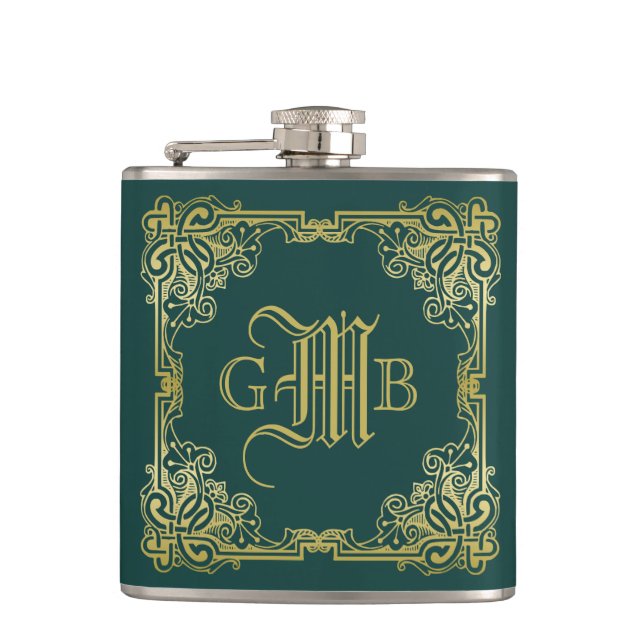 Wedding Monogram Classic Gold Frame Dark Green Flask (Front)