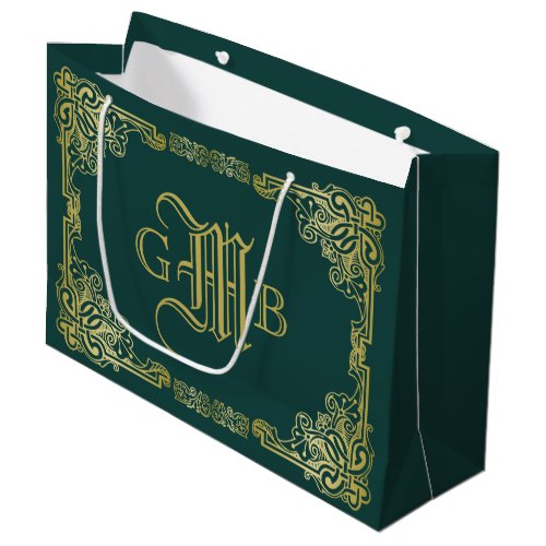 Wedding Monogram Classic Gold Frame Dark Green Large Gift Bag