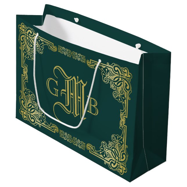 Wedding Monogram Classic Gold Frame Dark Green Large Gift Bag (Front Angled)