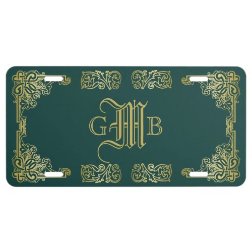 Wedding Monogram Classic Gold Frame Dark Green License Plate