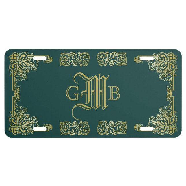 Wedding Monogram Classic Gold Frame Dark Green License Plate (Front)