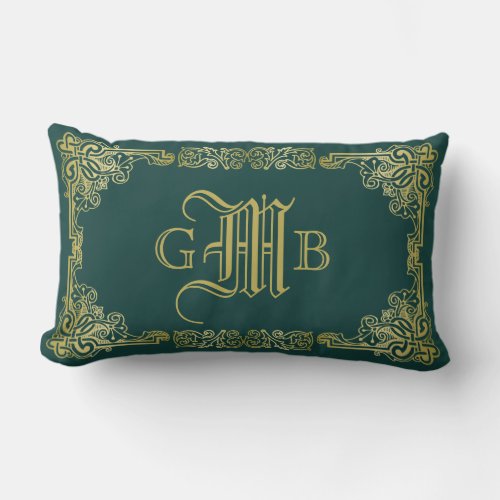 Wedding Monogram Classic Gold Frame Dark Green Lumbar Pillow