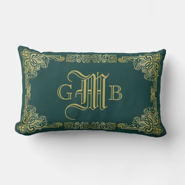 Wedding Monogram Classic Gold Frame Dark Green Lumbar Pillow (Front)