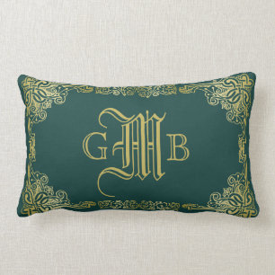 Wedding Monogram Classic Gold Frame Dark Green Lumbar Pillow