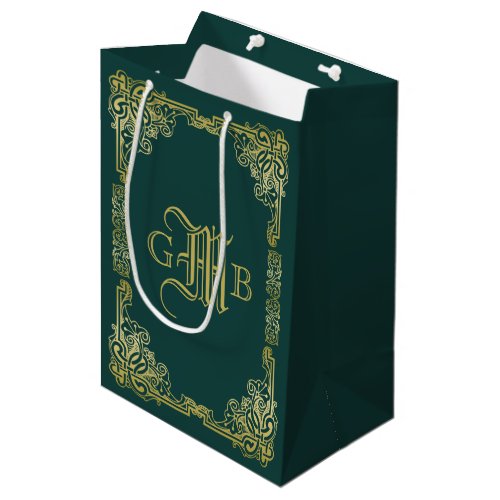 Wedding Monogram Classic Gold Frame Dark Green Medium Gift Bag