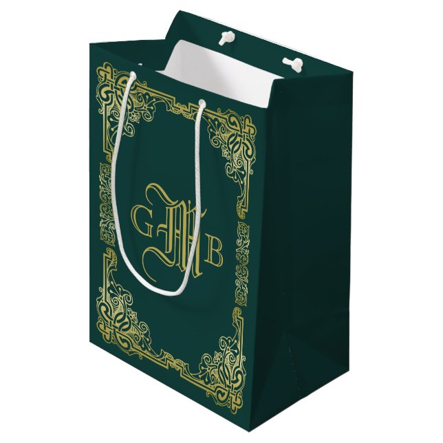 Wedding Monogram Classic Gold Frame Dark Green Medium Gift Bag (Front Angled)