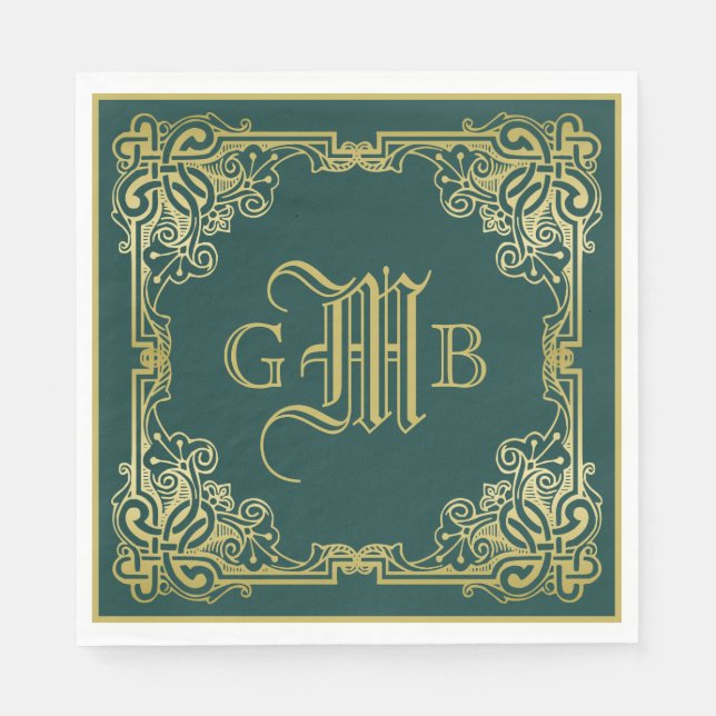 Wedding Monogram Classic Gold Frame Dark Green Napkins (Front)