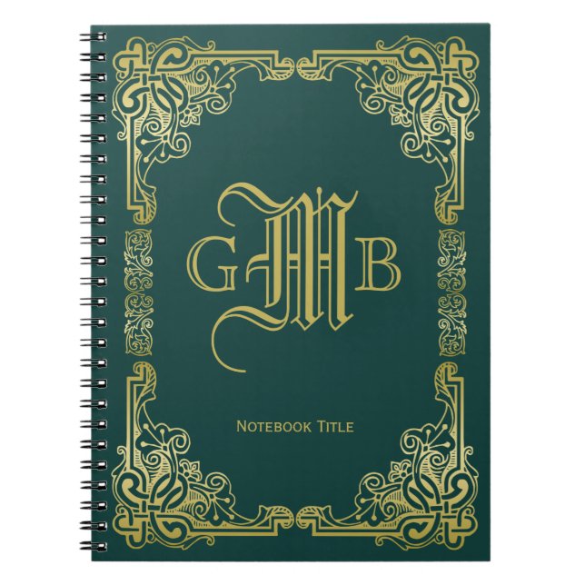 Wedding Monogram Classic Gold Frame Dark Green Notebook (Front)