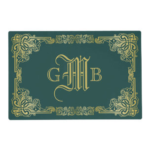 Wedding Monogram Classic Gold Frame Dark Green Placemat