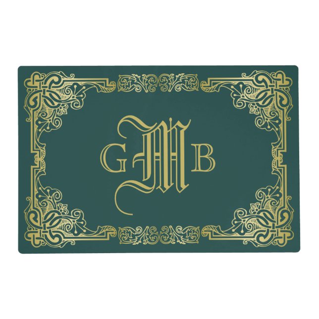 Wedding Monogram Classic Gold Frame Dark Green Placemat (Front)