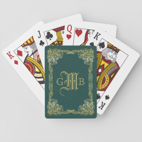 Wedding Monogram Classic Gold Frame Dark Green Playing Cards