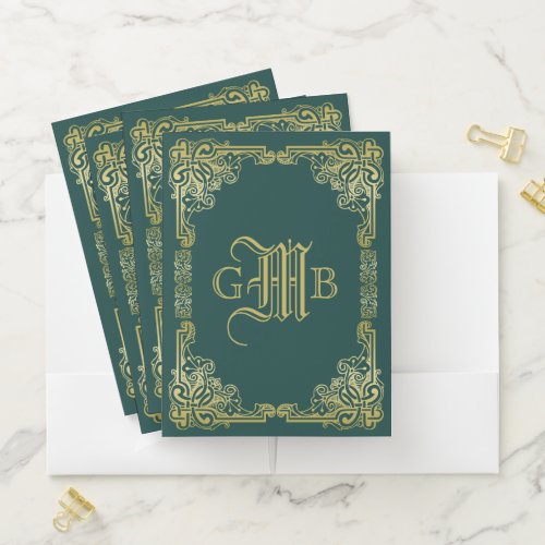 Wedding Monogram Classic Gold Frame Dark Green Pocket Folder