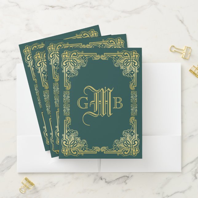 Wedding Monogram Classic Gold Frame Dark Green Pocket Folder (In Situ)